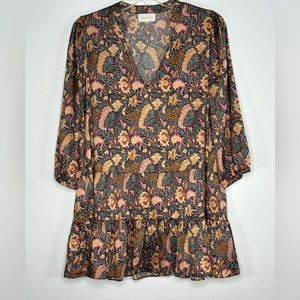 Melloday Tunic Top Dress Floral Tiered‎ Skirt V-Neck Long Sleeve Pullover Sz M